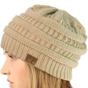 C.C Exclusives Beige Chunky Cable Knit Beanie Hat Winter Warm Stretch Slouchy